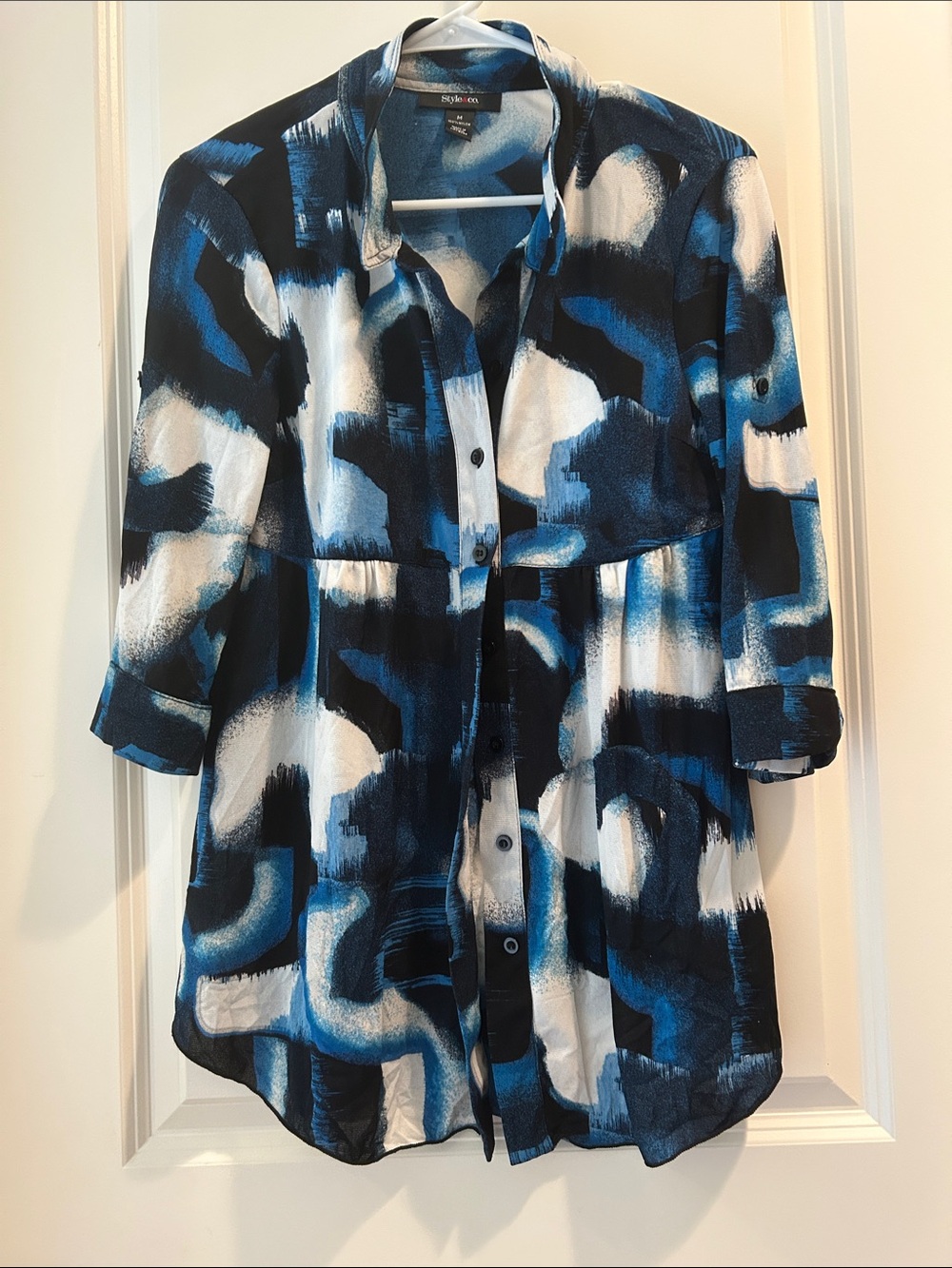 Style & Co. Abstract Button-Front Tunic Top banded collar 3/4 sleeve tab size M